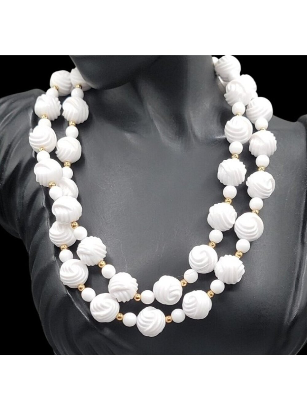 Vintage Carved White Lucite Bead Necklace 28" Gold Tone Spacers Hidden Clasp